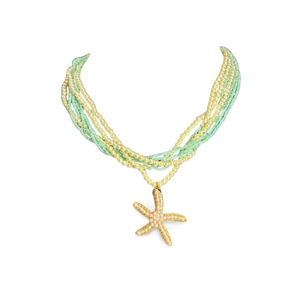 Mint Green Pearl Multi Strand Starfish Pendant Necklace Gold Tone Beach Coastal